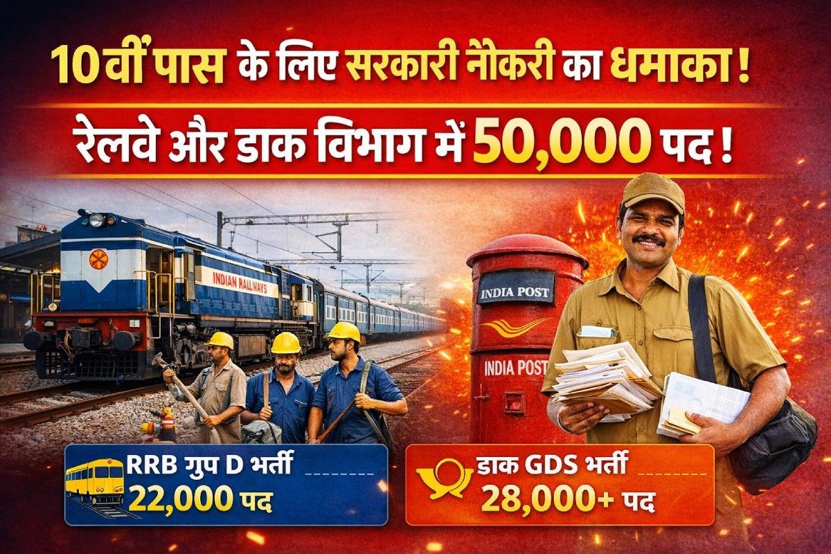 10वीं पास उम्मीदवारों के लिए सरकारी नौकरी पोस्टर, रेलवे और डाक विभाग में 50,000 पदों की भर्ती, हिंदी में जानकारी