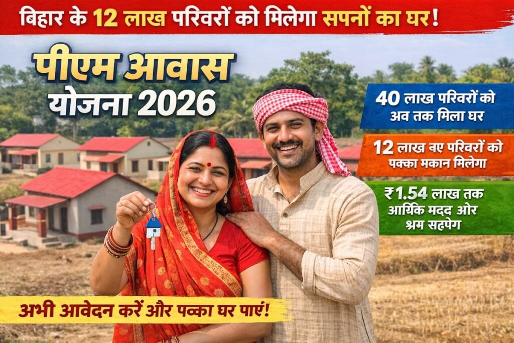 बिहार के ग्रामीण परिवार पीएम आवास योजना 2026 के तहत अपने नए पक्के घर में खुश हैं, साथ में आर्थिक मदद और लाभ की जानकारी।