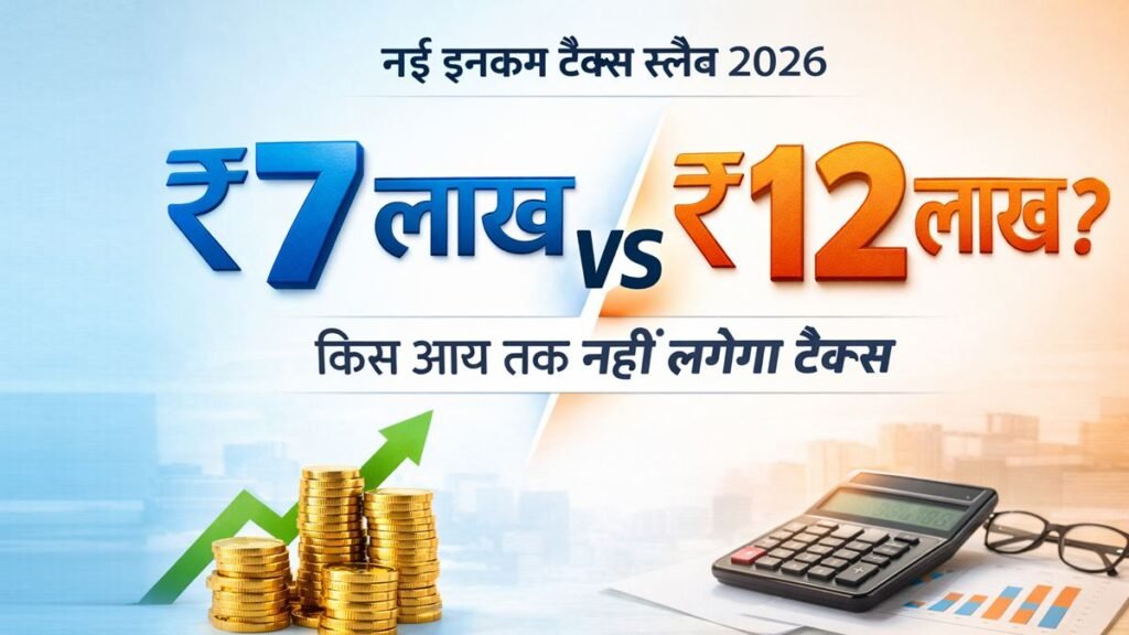 नई इनकम टैक्स स्लैब 2026 ग्राफिक जिसमें ₹7 लाख और ₹12 लाख की तुलना दिखाई गई है
