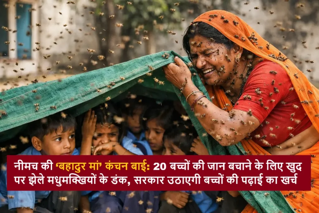 नीमच की बहादुर मां कंचन बाई मधुमक्खियों के हमले के दौरान 20 बच्चों को बचाती हुईं