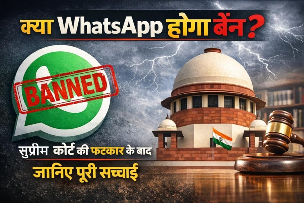 क्या WhatsApp होगा बैन – सुप्रीम कोर्ट की फटकार के बाद WhatsApp बैन की सच्चाई दिखाता न्यूज़ इमेज