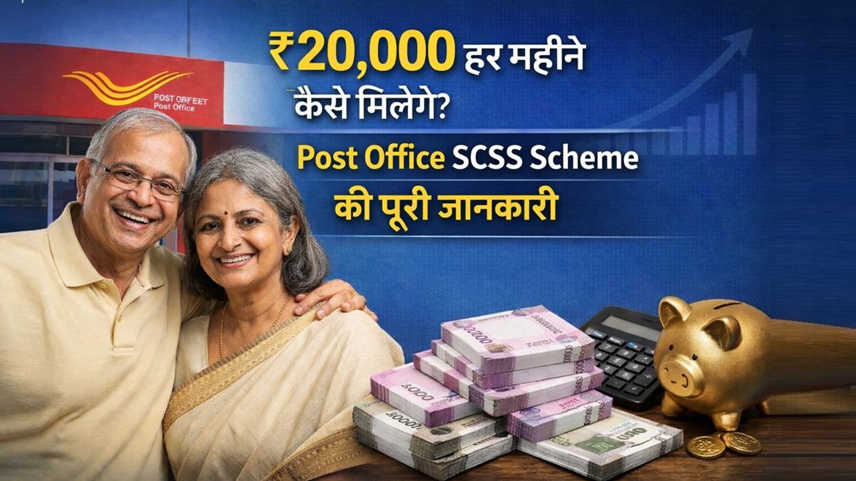 Post Office SCSS Scheme में ₹20,000 हर महीने इनकम का कैलकुलेशन दिखाती हुई इमेज