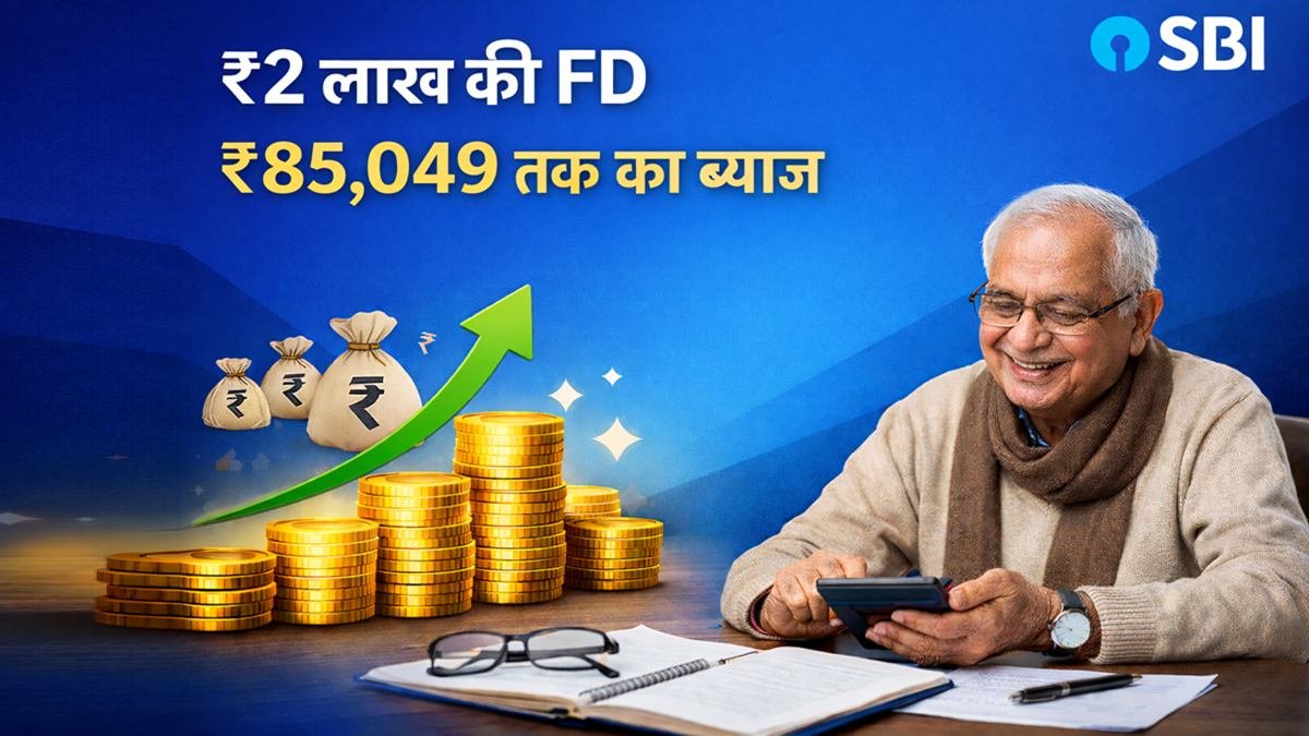SBI 5 साल FD में 2 लाख जमा पर 85049 रुपये ब्याज कैलकुलेशन 2026
