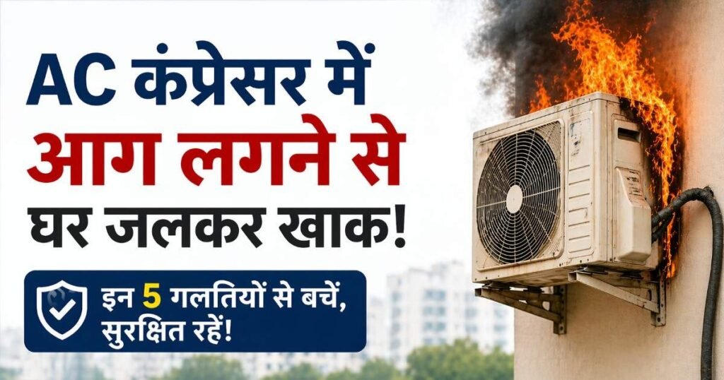 AC कंप्रेसर में आग का खतरा और सेफ्टी टिप्स दिखाता हिंदी न्यूज बैनर