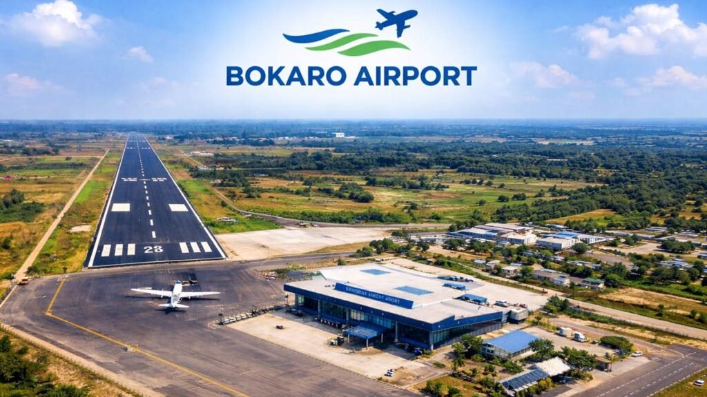 बोकारो एयरपोर्ट का मुख्य प्रवेश द्वार और टर्मिनल बिल्डिंग का दृश्य