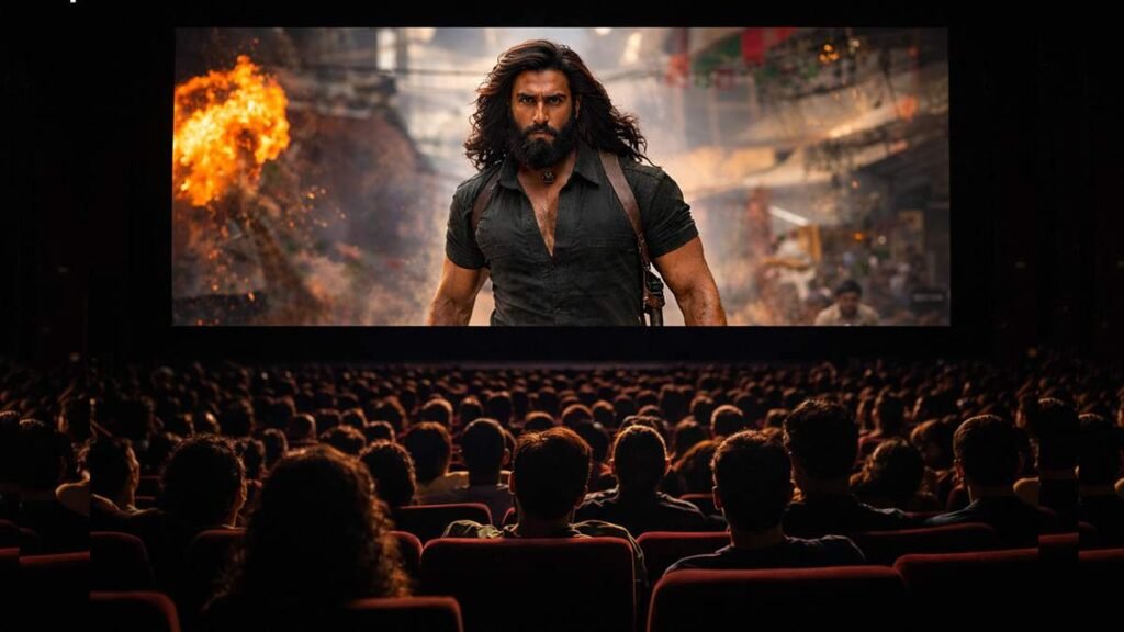 धुरंधर 2 फिल्म सिनेमा हॉल में देखते दर्शक, रणवीर सिंह एक्शन सीन स्क्रीन पर