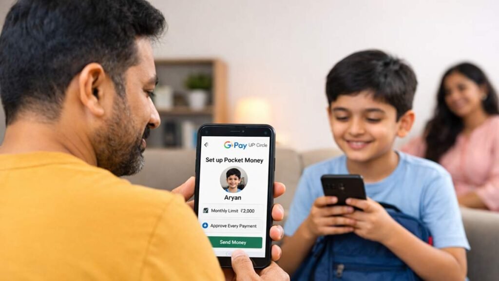 Google Pay UPI Circle feature से पिता अपने बच्चे को मोबाइल से pocket money भेजते हुए
