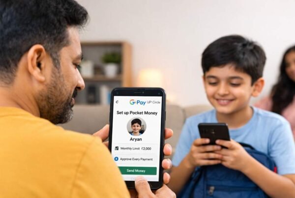 Google Pay UPI Circle feature से पिता अपने बच्चे को मोबाइल से pocket money भेजते हुए